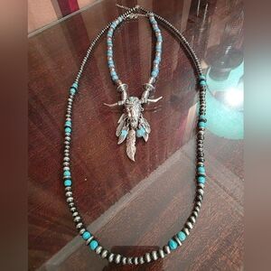 New w/out Tags Faux Navajo Pearls & Faux Turquoise Dual Western Necklace